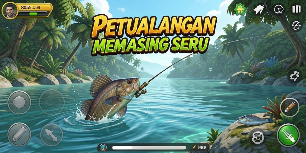 Tampilan gameplay yang menarik dengan berbagai lokasi memancing.