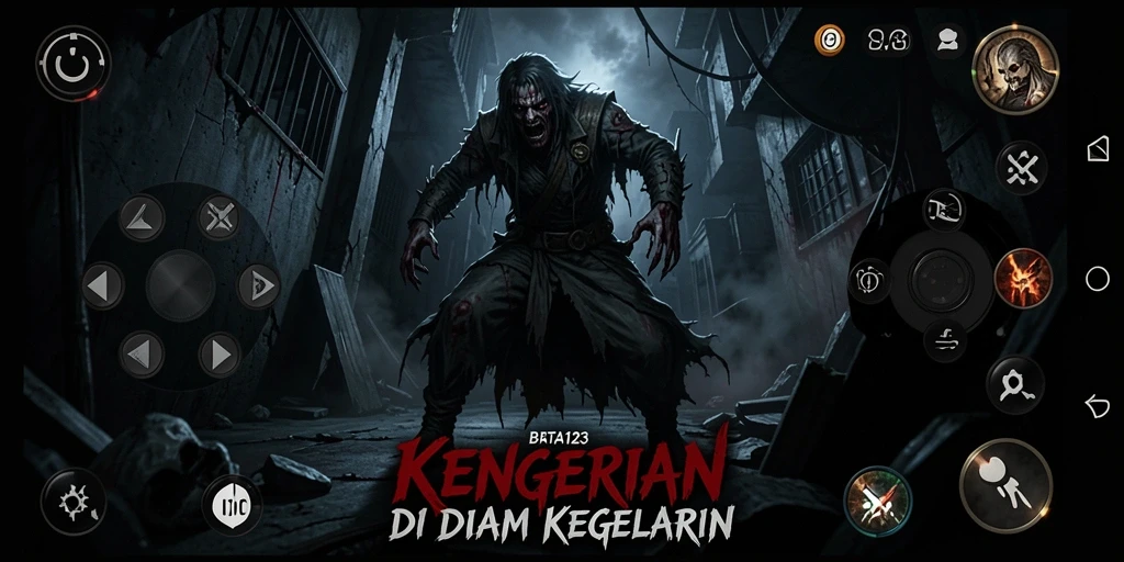 Screenshot gameplay menyeramkan dari BATA123 menunjukkan suasana gelap dan mencekam.